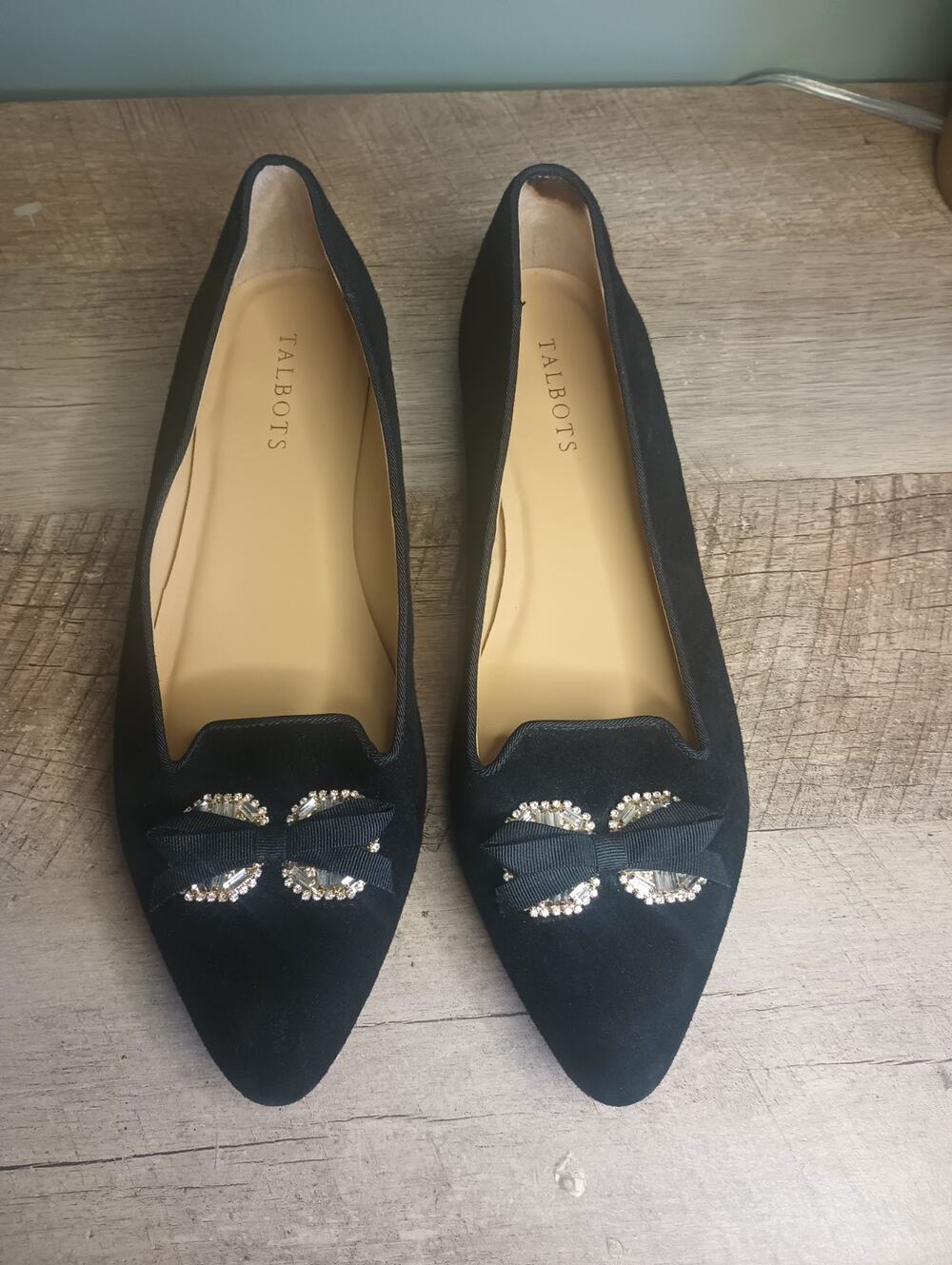 Talbots Womens Velvet Pointed Toe Ballet Flats 9.5 Bow Rhinestone Classic Glam